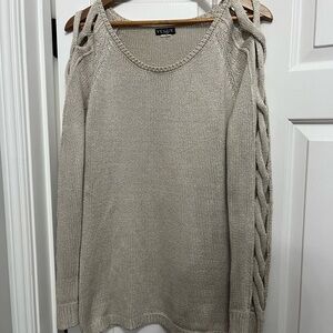 VENUS Beige Cold-Shoulder Cable Sleeve Knit Sweater